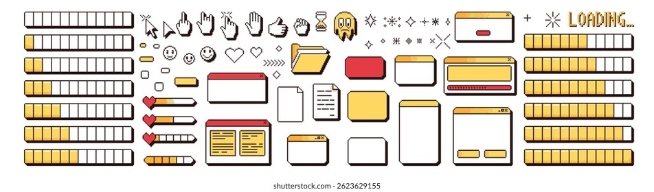 Pixel art windows interface vintage. 8 bit browser and menu elements with cursors and loading bar. Pixel screens 90s style. Ui message frames figures. Vector set isolated illustration.