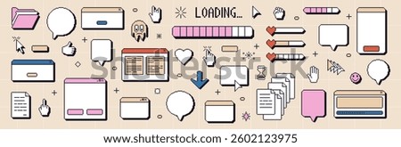 Pixel art windows interface vintage. 8 bit browser and menu elements with cursors and loading bar. Pixel speech bubbles screens 90s style. Ui message frames figures. Vector set isolated illustration.