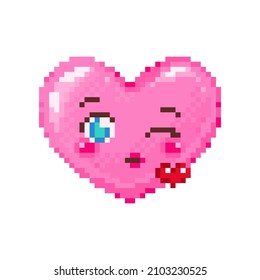 Pixel art wink and kiss heart emoji. Vintage 8 bit pixel pink emoticon of winking heart kiss goodbye face smile. Cute anime kawaii vector icon. Valentine Day romantic heart-shaped design.
