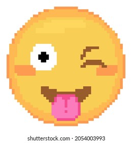 Pixel art Winking Emoji face with tongue icon. Vector cute pixel joking winky emoticon. Funny joke Emoji in retro pixel 8 bit style. Winking tease emoji smile yellow face isolated icon.