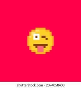 Pixel art Winking Emoji face with tongue icon. Vector cute pixel joking winky emoticon. Funny joke Emoji in retro pixel 8 bit style. Winking tease emoji smile yellow face isolated icon.