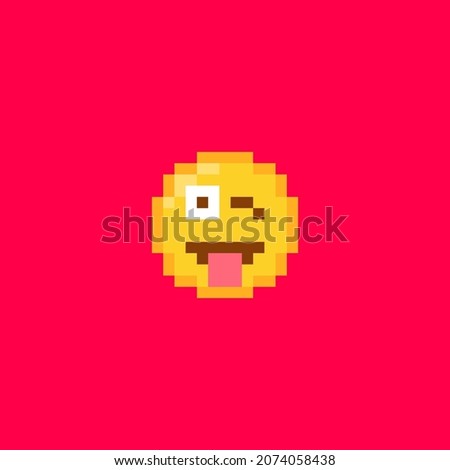 Pixel art Winking Emoji face with tongue icon. Vector cute pixel joking winky emoticon. Funny joke Emoji in retro pixel 8 bit style. Winking tease emoji smile yellow face isolated icon.