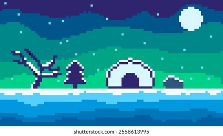 Pixel art winter background landscape with falling snow, Christmas tree and northern lights  in retro video game style. Vector illustration