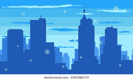 Pixel art winter cityscape. Snow falls on the background of the city silhouette. Christmas greeting card design. 2d retro video game style backdrop with modern skyscrapers in snowy weather.