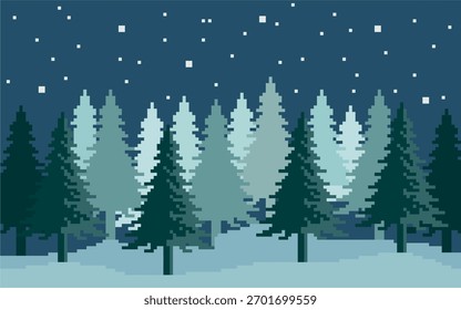 Pixel Art of Winter Forest Under a Starry Night. Season greeting illustration.