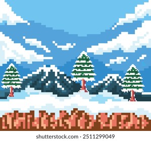 Pixel art winter landscape flat illustrations vector.