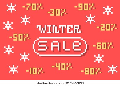 Pixel art winter sale banner, snowflakes on red background. New Year, Christmas season discount coupon. 10, 20, 30, 40, 50, 60, 70, 80, 90 percent off. Price drop flyer. 8 bit retro style promo print.