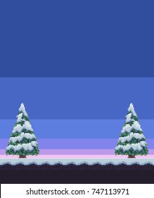 Pixel art winter scene with snowy fir trees and ground