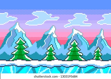 Pixel art winter seamless background detailed colorful vector illustration