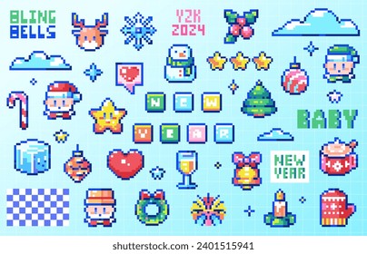 Pixel Art Winter Set. 8bit Elements for Christmas and Happy New Year Celebration. Retro Game Santa Claus, Snowman, Candy Cane, Ice, Snowflake, Elf, Toys. Vector graphic for decoration, stickers.	