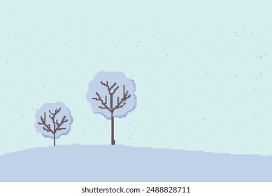 pixel art in winter there is snow falling from the sky covering the trees