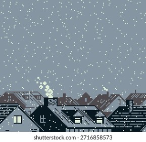 Pixel arte de fondo de la ciudad de invierno con techos nevados y nieve caída. El estilo retro de 8 bits crea un ambiente acogedor de temporada para niveles de juego, menús, escenas cortas y escenas de vacaciones.