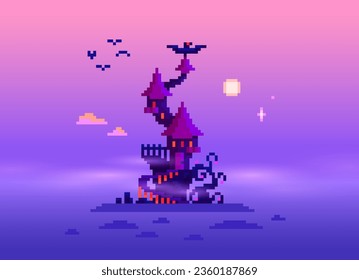 Pixel art witch castle. Fairytale ancient mansion exterior. Hidden old gothic tower fortress. Pixelated cartoon scary house, 8 bit retro style vector illustration