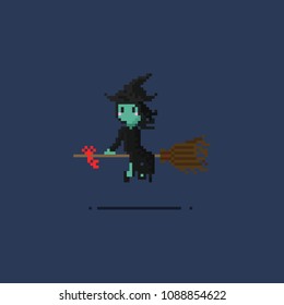 Pixel art witch character riding the flying broomstick.
