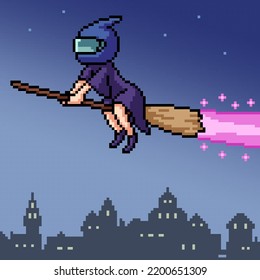 pixel art of witch fling broom