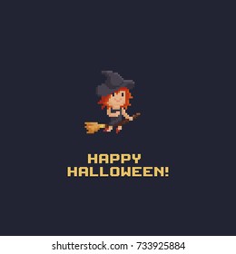 Pixel art witch flying on the broom with happy halloween text