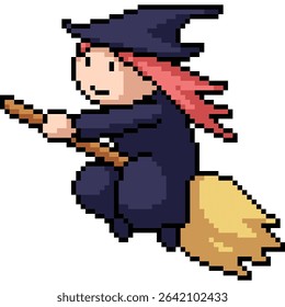 pixel art of witch girl broom fly isolated background