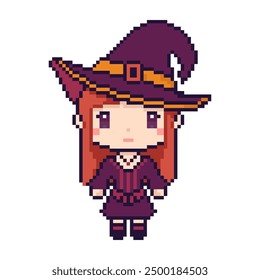 Pixel art witch girl wearing a hat. Retro style character perfect for Halloween designs and vintage game aesthetics