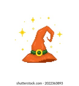 Pixel art Witch Hat. Retro pixel witch or wizard hat illustration in 8 bit style. halloween decoration sprite or game assets. 90s style pixel isolated vector orange witch hat with stars around icon.