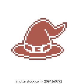 Pixel art witch hat shape gingerbread cookie decorated with white sugar icing, 8 bit food icon isolated on white background. Chocolate biscuit. Christmas dessert.Winter holiday pastry. Halloween treat