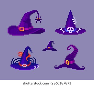 Pixel art witch hats set. Pixelated cartoon elements about Halloween holiday costume, 8 bit retro style vector illustration