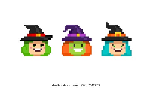 Pixel Art Witch icons collection for Halloween design. Cartoon funny pixel witch girl characters set for badge or sticker design. 8-bit style halloween vector illustration isolated on white. 