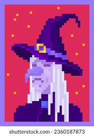 Pixel art witch portrait. Pixelated cartoon scary woman avatar, 8 bit retro style vector illustration