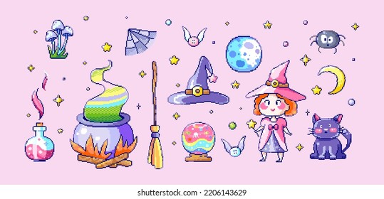 Pixel Art Witch Set. Cute 8bit Magic Elements Like Girl Witch, Wizard Hat, Cauldron, Broom, Moon, Bat, Black Cat, Web, Mushroom, Crystal Ball, Stars, Potion, Elixir For Stickers, Badges, Emoji, Prints