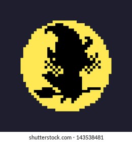 Pixel art witch silhouette with moon on the back, vector illustration