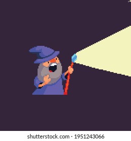 Pixel art wizard casting spel with light emitting out of his magic staff