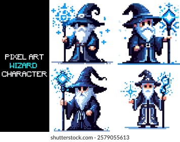 Pixel art of an wizard character. 8 bit