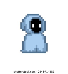 Pixel art of a wizard character in a blue robe with a black face