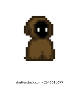 Pixel art of a wizard character in a brown robe with a black face
