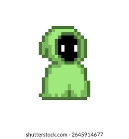 Pixel art of a wizard character in a green robe with a black face