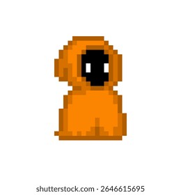 Pixel art of a wizard character in a orange robe with a black face