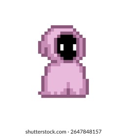 Pixel art of a wizard character in a pink robe with a black face