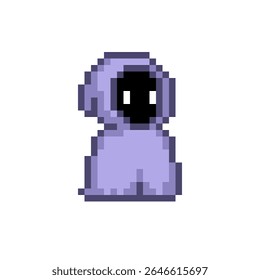 Pixel art of a wizard character in a purple robe with a black face
