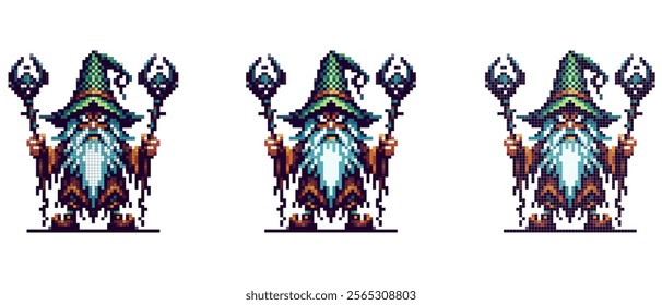 Pixel art wizard in a green pointed hat with a white beard holding two staffs with glowing blue orbs against a white background