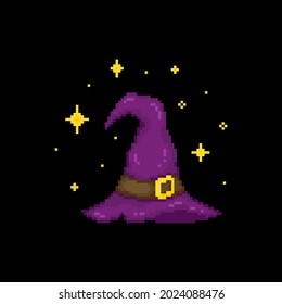 Pixel art Wizard Hat on a black background. Retro pixel witch or mage hat illustration in 8 bit style. halloween decoration sprite. 90s style pixel isolated vector purple witch hat with stars around.