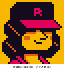 Pixel art woman in cap, female character 8-bit, 80-s, avatar, girl face, cartoon vector icon, game user, web profile persons, people, social net portrait. 