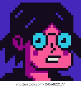 Pixel art woman character 8-bit, 80-s, avatar, human face, NFT, cartoon vector icon, game user, web profile persons, people, social net portrait. Non-fungible token.