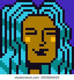 Pixel art woman, female character 8-bit,  80-s, avatar, girl face, NFT, cartoon vector icon, game user, web profile persons, people, social net portrait. Non-fungible token.