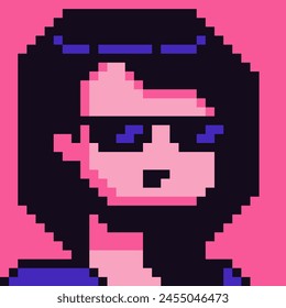 Pixel art woman, female character 8-bit,  80-s, avatar, girl face, NFT, cartoon vector icon, game user, web profile persons, people, social net portrait. Non-fungible token.