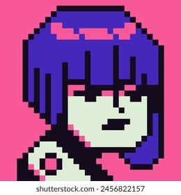 Pixel art woman, female character 8-bit, 80-s, avatar, girl face, NFT, cartoon vector icon, game user, web profile persons, people, social net portrait. Non-fungible token.
