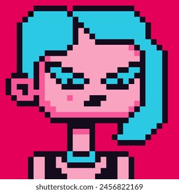 Pixel art woman, female character 8-bit, 80-s, avatar, girl face, NFT, cartoon vector icon, game user, web profile persons, people, social net portrait. Non-fungible token.