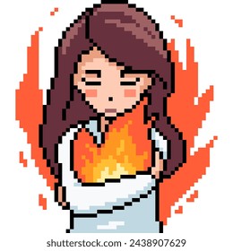 pixel art of woman hug fire isolated background