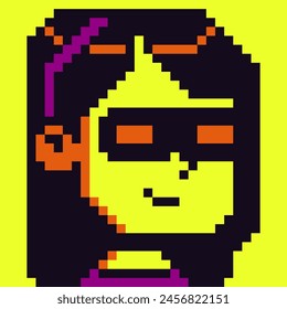 Pixel art woman in mask on face, female character 8-bit, 80-s, avatar, girl face, NFT, cartoon vector icon, game user, web profile persons, people, social net portrait. Non-fungible token.
