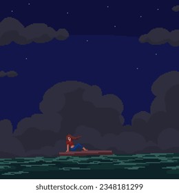 pixel art of woman raft sea