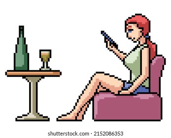 pixel art of woman relax livingroom