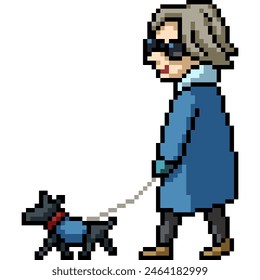 pixel art of woman walk dog isolated background